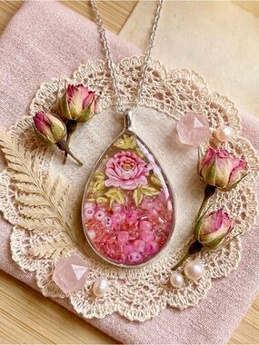 Handmade Pink Floral Teardrop Pendant Necklace